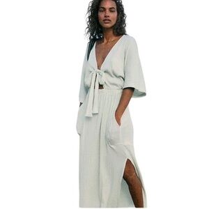 Free People Beach Cotton Blend Gauzy Maxi Slit Dress in Mint Green